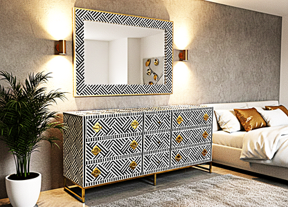 Cómoda de cajón hecha a mano con incrustaciones de hueso color blanco y negro con 9 cajones