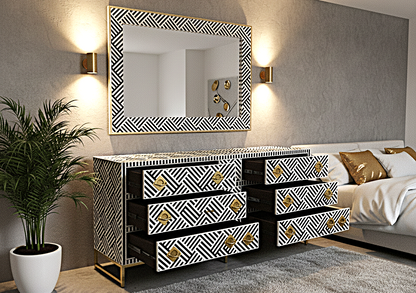 Cómoda de cajón hecha a mano con incrustaciones de hueso color blanco y negro con 9 cajones
