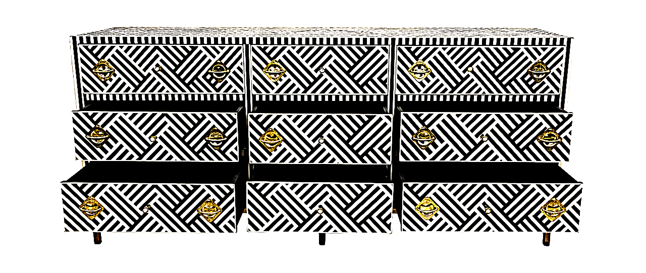 Cómoda de cajón hecha a mano con incrustaciones de hueso color blanco y negro con 9 cajones