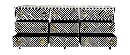 Cómoda de cajón hecha a mano con incrustaciones de hueso color blanco y negro con 9 cajones