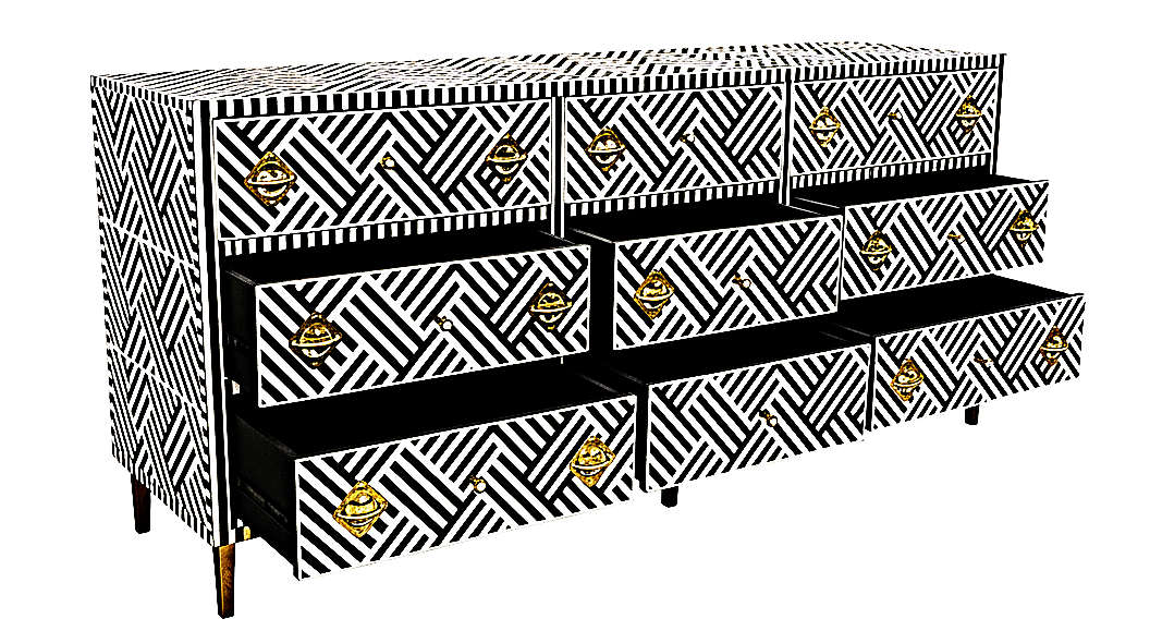 Cómoda de cajón hecha a mano con incrustaciones de hueso color blanco y negro con 9 cajones