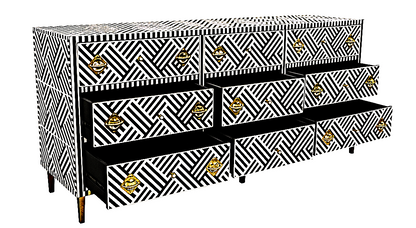 Cómoda de cajón hecha a mano con incrustaciones de hueso color blanco y negro con 9 cajones