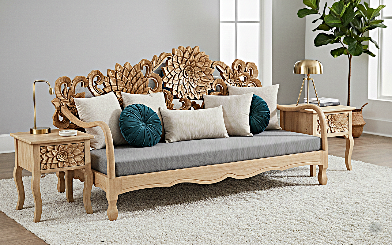 Lotus Hand Carved Solid Wooden Indoor / Outdoor Daybed
