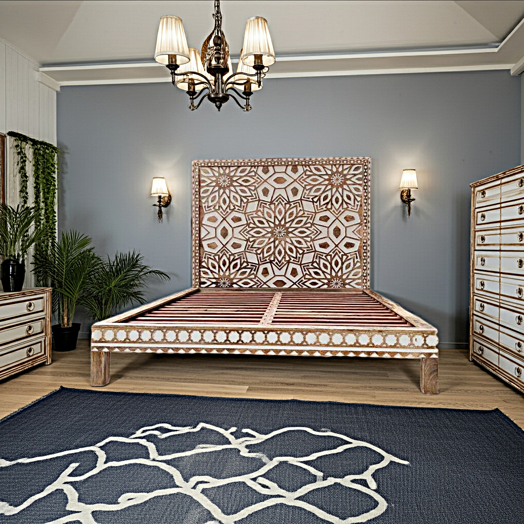 Geometric Floral Design Handmade Wooden Bed