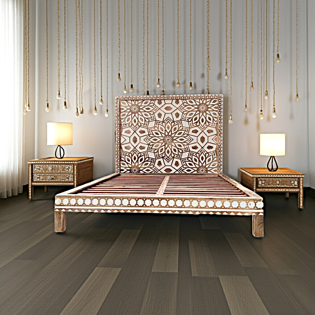 Geometric Floral Design Handmade Wooden Bed