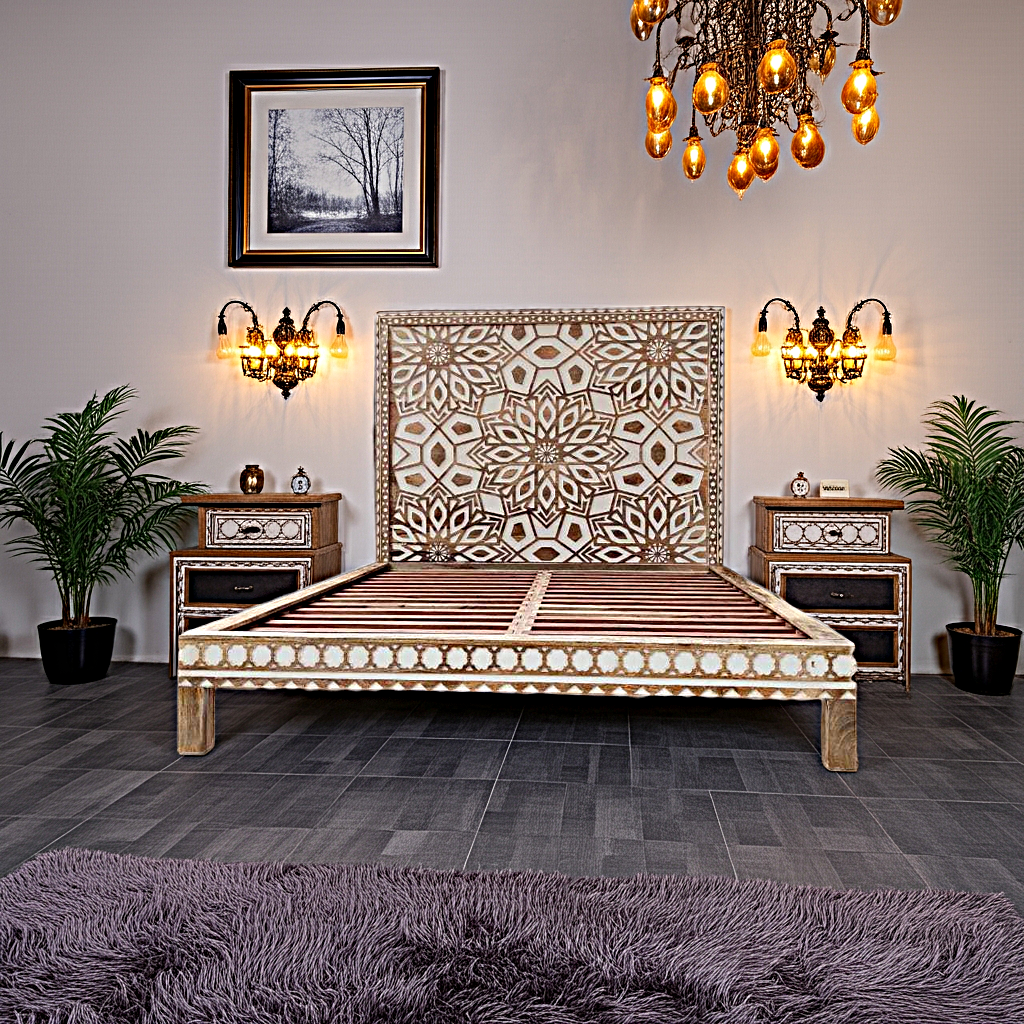 Geometric Floral Design Handmade Wooden Bed