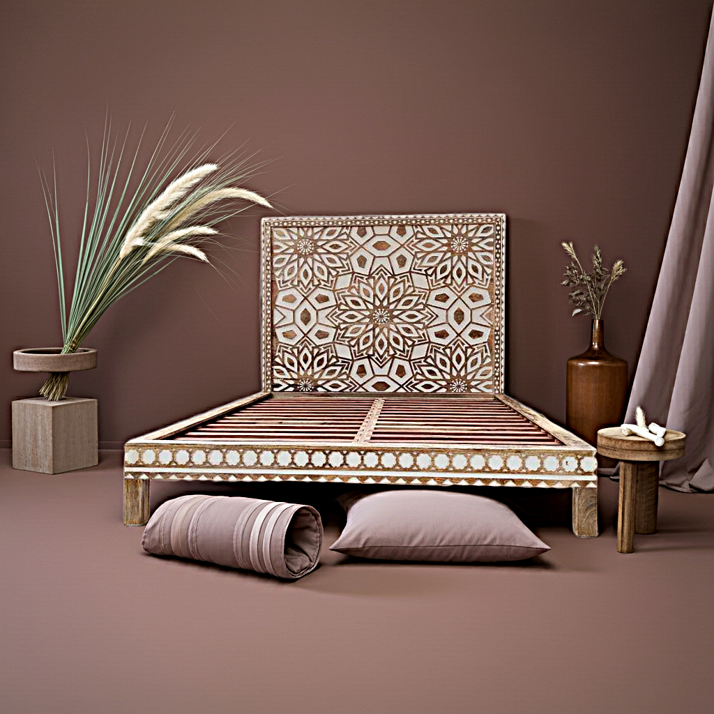 Geometric Floral Design Handmade Wooden Bed