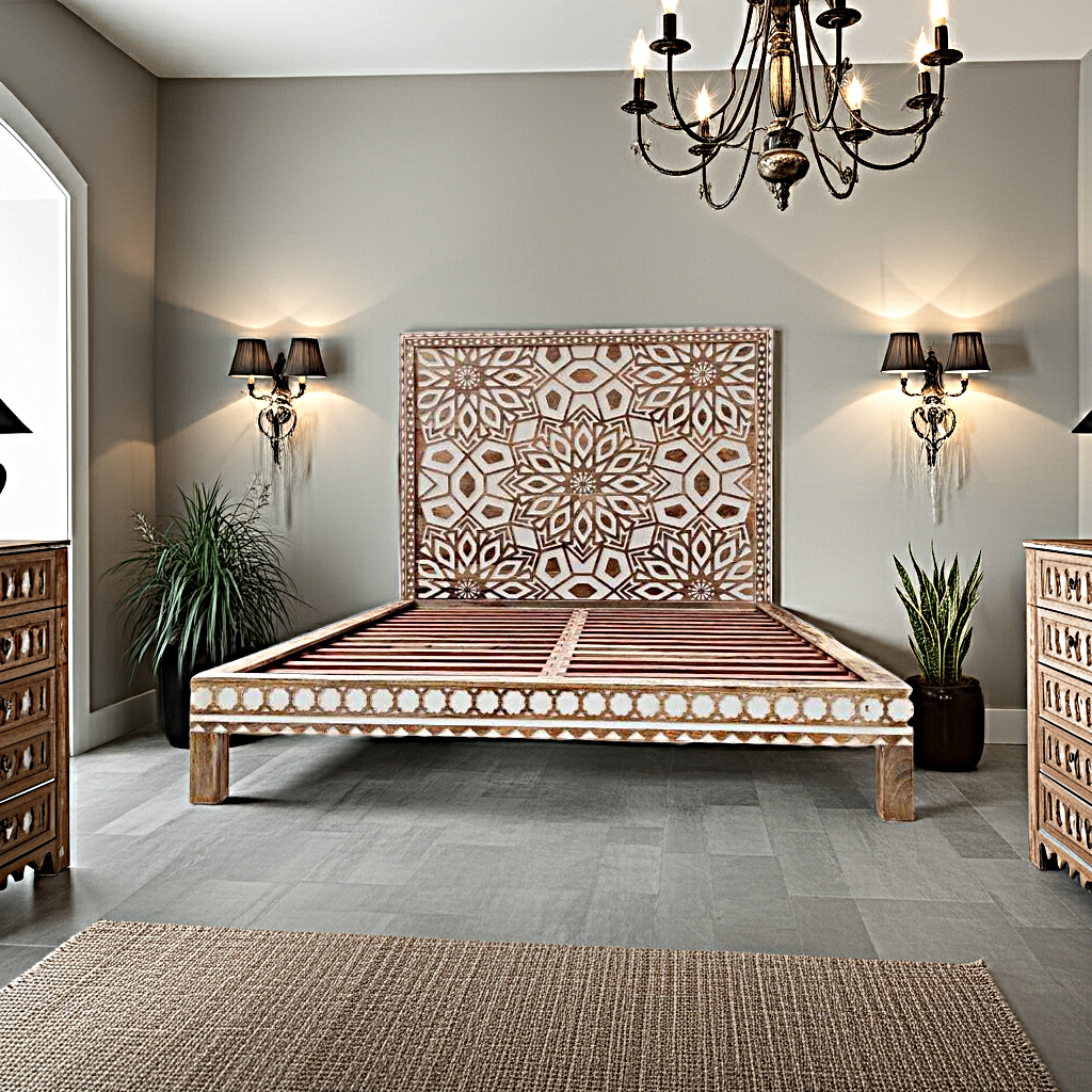 Geometric Floral Design Handmade Wooden Bed