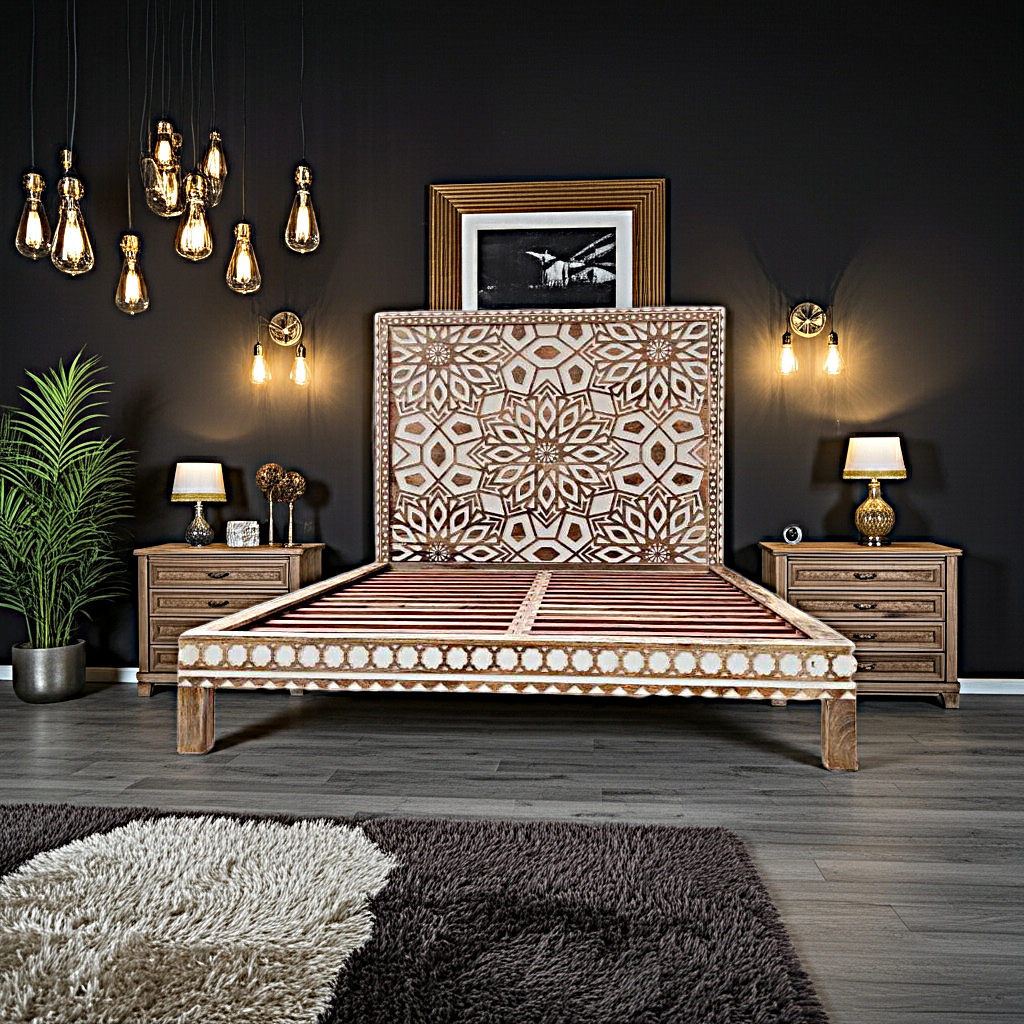 Geometric Floral Design Handmade Wooden Bed