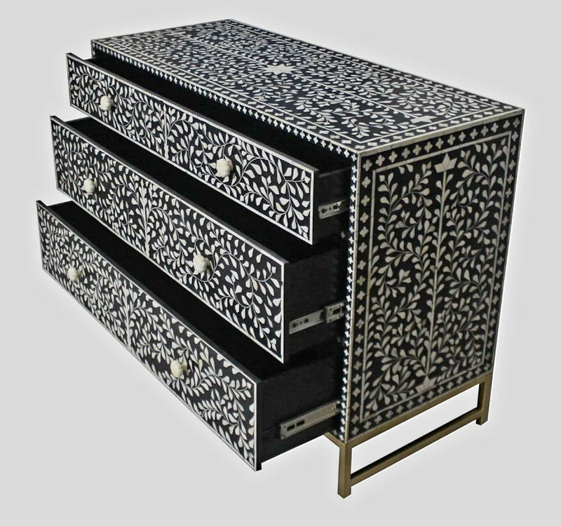 Floral Bone Inlay Chest Of 3 Drawers Dresser
