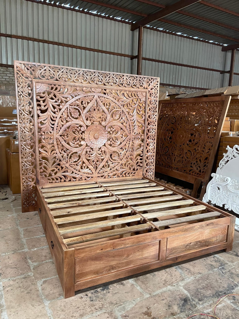 Dynasty Hand Carved Wooden Jody Bed Frame With Storage Drawers