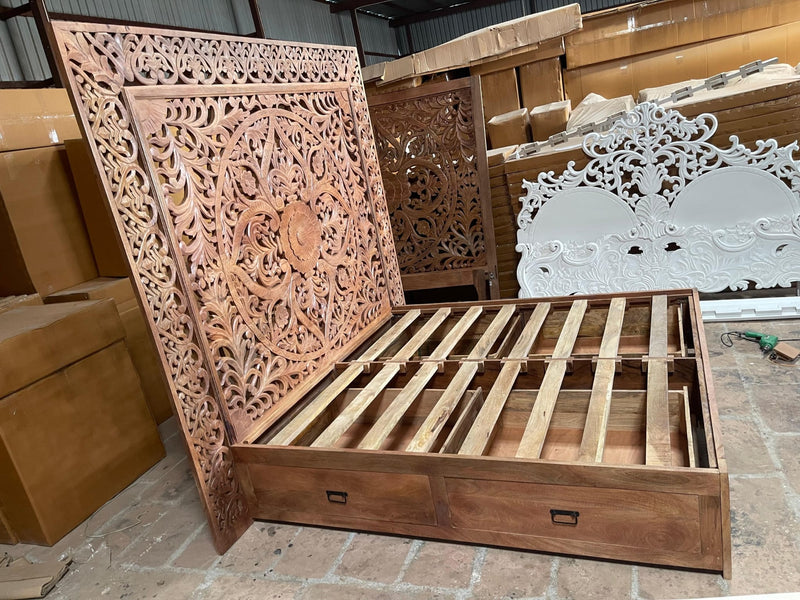 Dynasty Hand Carved Wooden Jody Bed Frame With Storage Drawers