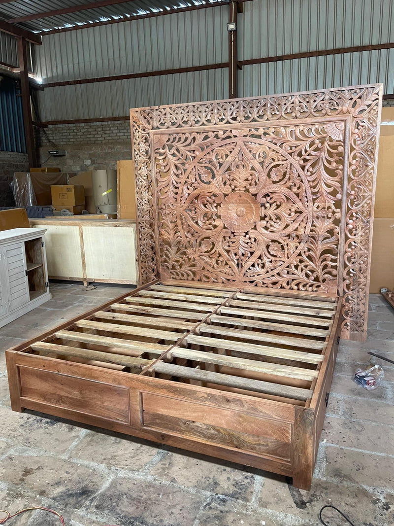 Dynasty Hand Carved Wooden Jody Bed Frame With Storage Drawers