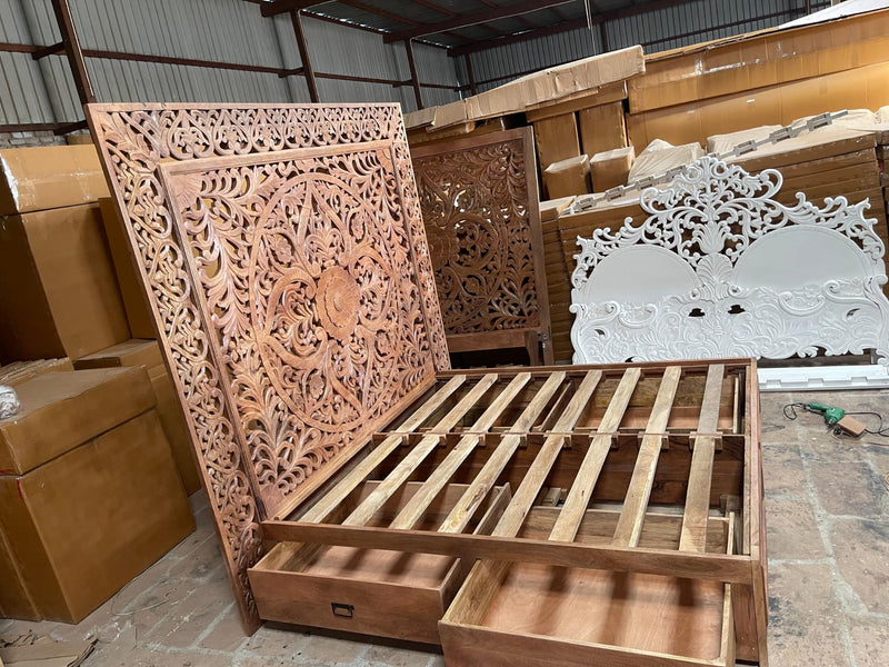 Dynasty Hand Carved Wooden Jody Bed Frame With Storage Drawers