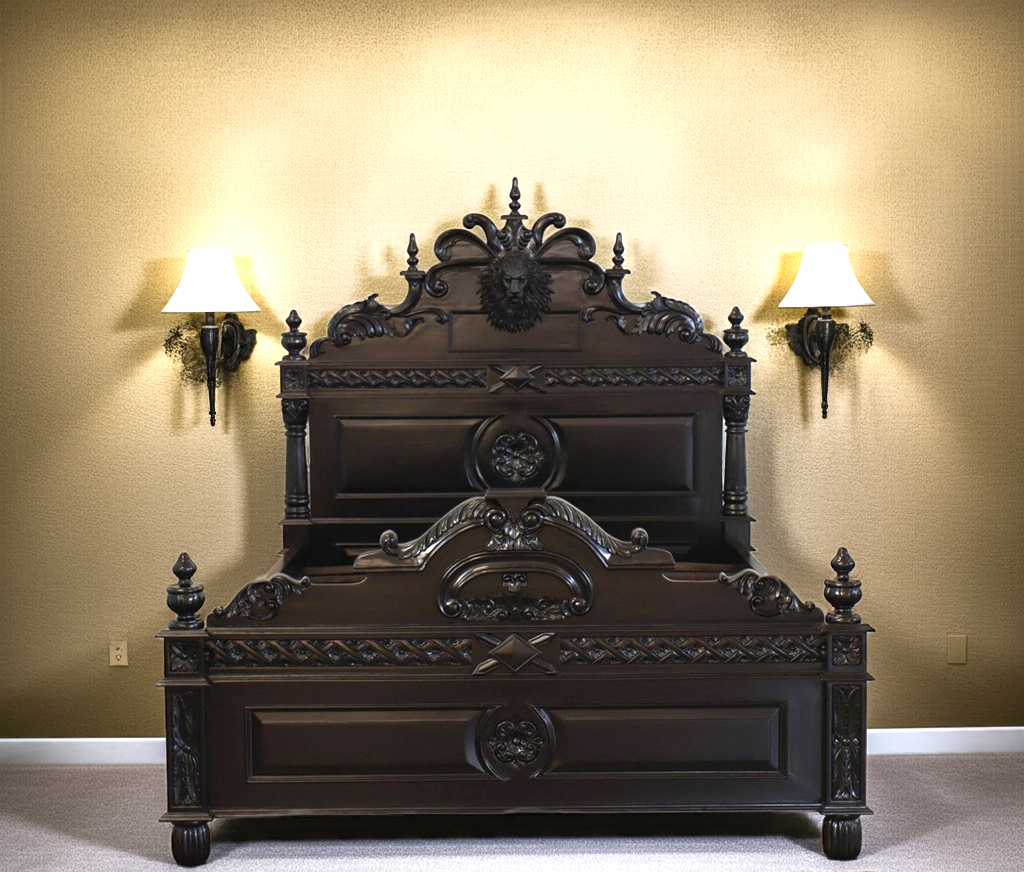 Lion Head Hand Carved Gothic Style Solid Wooden  Bed