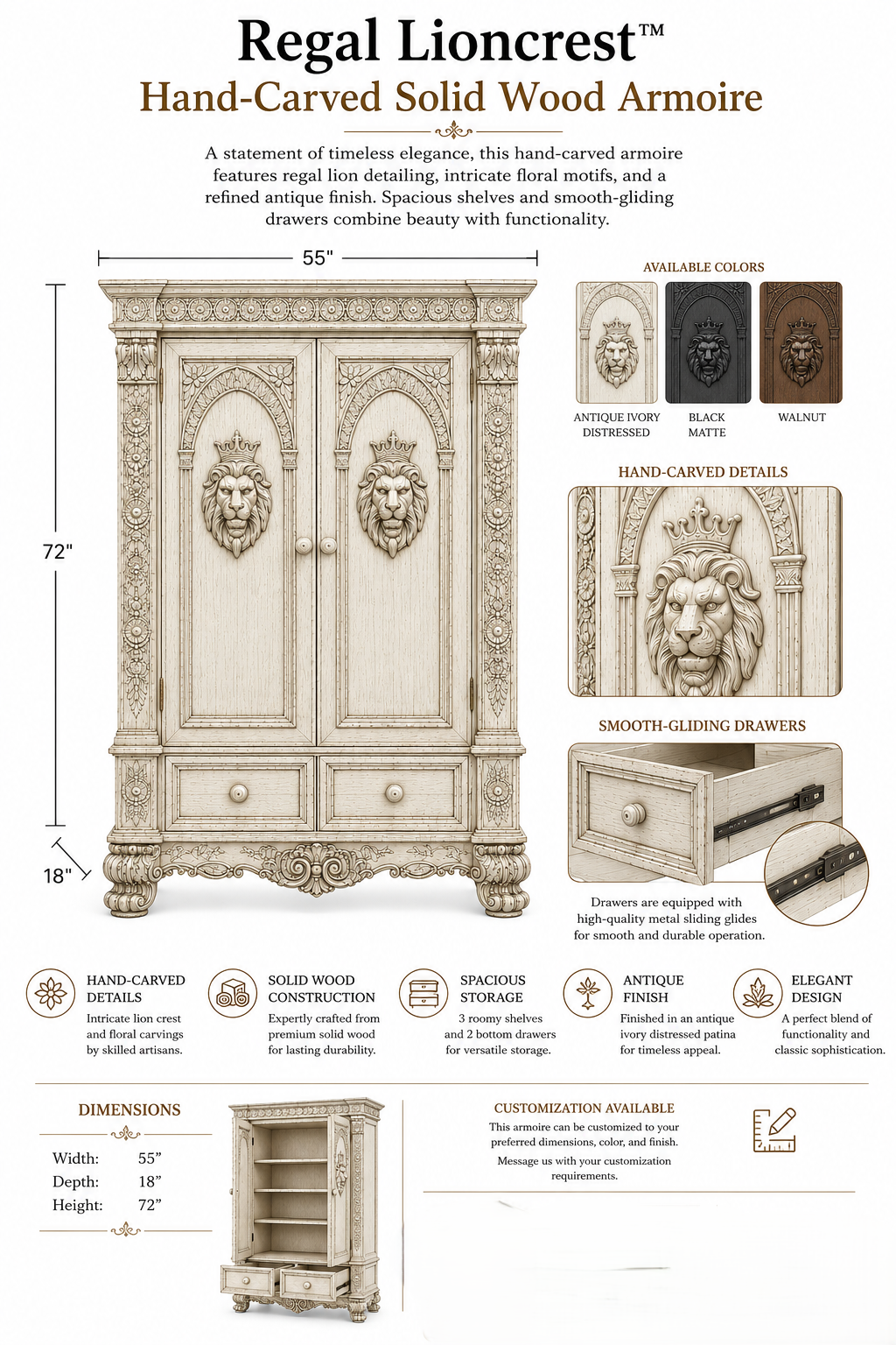 Regal Lioncrest™ Hand-Carved Solid Wood Armoire