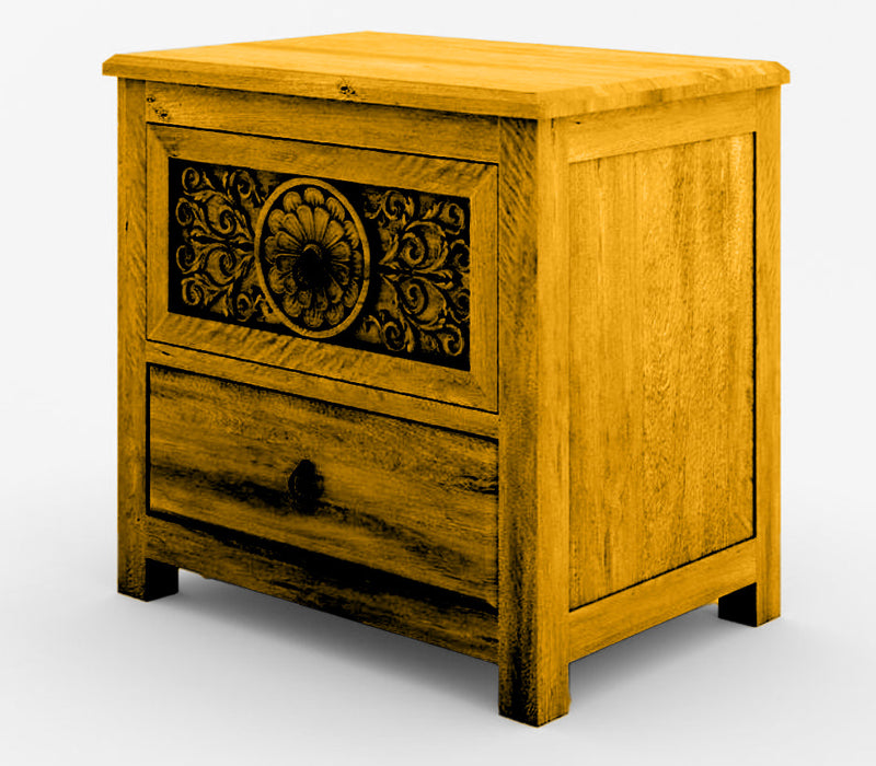 Dynasty Mughal Hand Carved Solid Wooden 2-Drawer Bedside / Nightstand