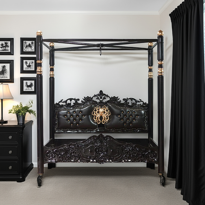 Huni Solid Mango Wood Hand Carved Bed