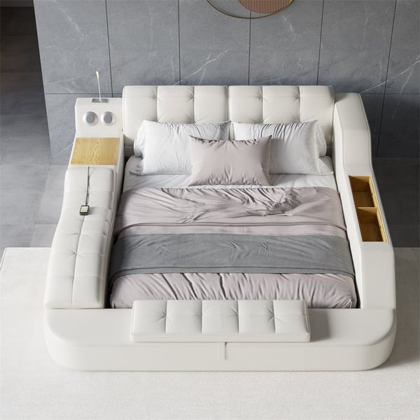 Sash Tufted Upholstered Platform Bed with Massage, Storage, Led Light & Speaker