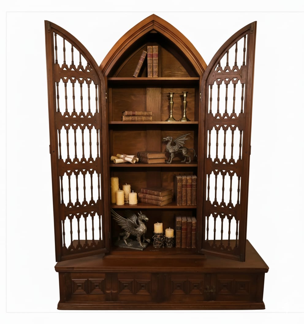 Magnífico juego de estantería de estilo gótico de madera maciza tallada a mano.