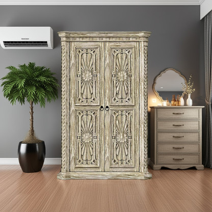 Nimbus Rustic Solid Wood Hand-Carved Armoire With 4 Drawers