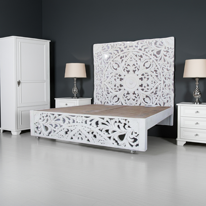 Amani Hand Carved Indian Solid wooden bed frame White