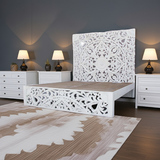 Amani Hand Carved Indian Solid wooden bed frame White