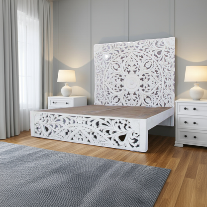 Amani Hand Carved Indian Solid wooden bed frame White