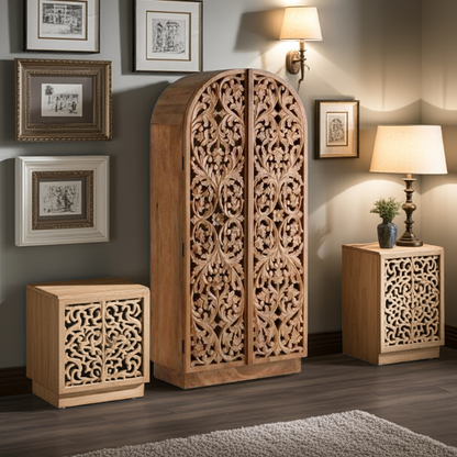 Sitra Arched Natural Floral Hand Carved Wood  Storage Cabinet