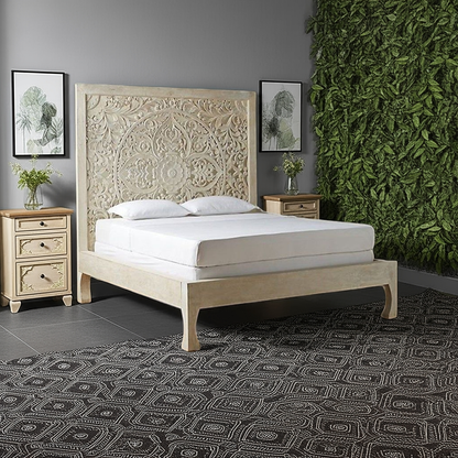 Dynasty hand carved Indian Solid wooden bed frame White