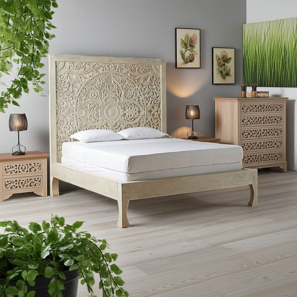 Dynasty hand carved Indian Solid wooden bed frame White