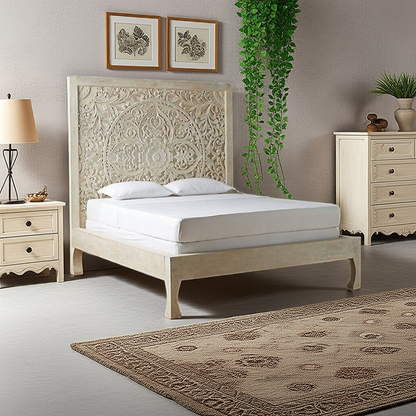 Dynasty hand carved Indian Solid wooden bed frame White