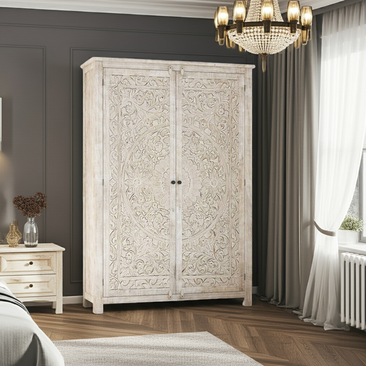 Salman Hand carved Solid Wood Large White Wardrobe Armoire