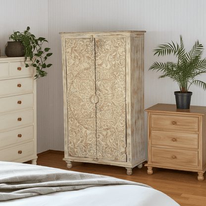 Alona Hand carved Solid Wood Distressed White Armoire w Shelves – handcrafted solid wood furniture