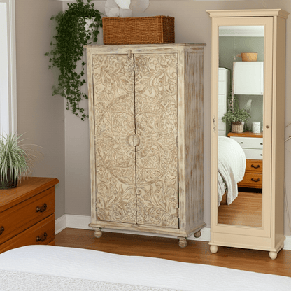 Alona Hand carved Solid Wood Distressed White Armoire w Shelves – handcrafted solid wood furniture