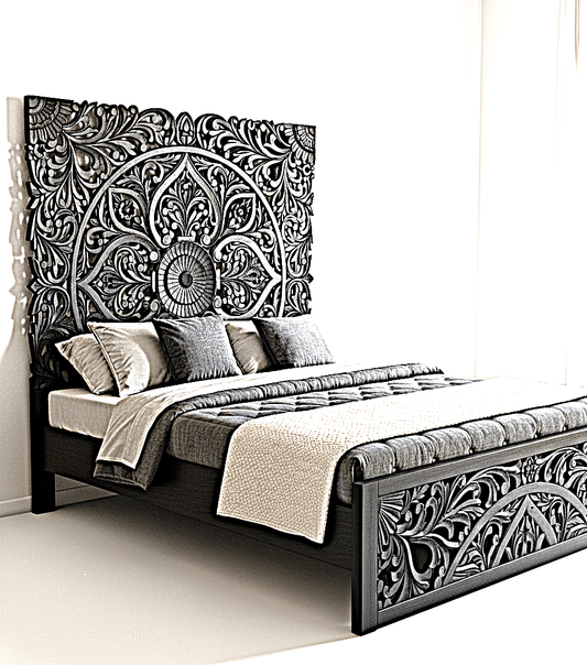 Amani Hand Carved Indian Solid wooden bed frame White by Hibashi Furniture – handcrafted solid wood furniture made in India