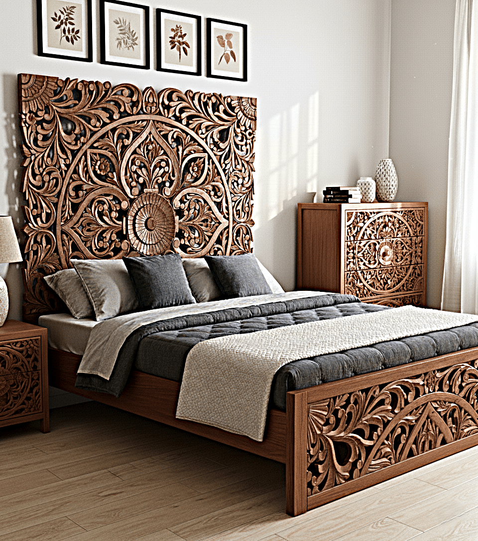 Amani Hand Carved Indian Solid wooden bed frame White – handcrafted solid wood furniture