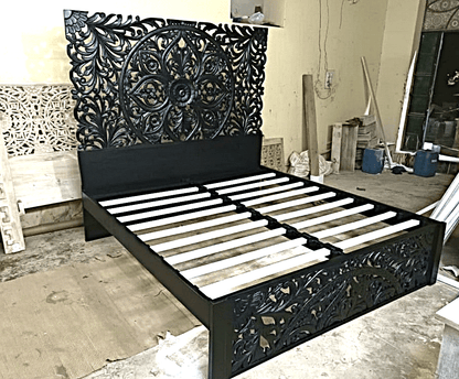 Amani Hand Carved Indian Solid wooden bed frame White by Hibashi Furniture – handcrafted solid wood furniture made in India