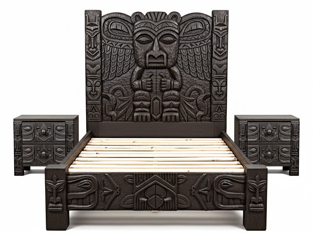 Ancestral Totem Hand - Carved Solid Wooden Gothic Platform Bed by Hibashi Furniture – handcrafted solid wood furniture made in India
