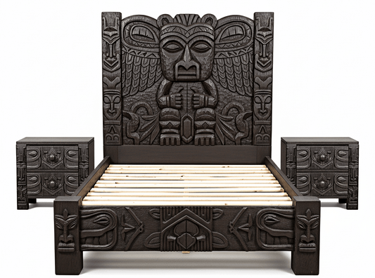 Ancestral Totem Hand-Carved Solid Wooden Gothic Platform Bed by Hibashi Furniture—handcrafted solid wood furniture