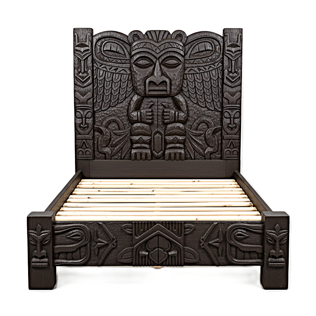 Ancestral Totem Hand-Carved Solid Wooden Gothic Platform Bed by Hibashi Furniture—handcrafted solid wood furniture