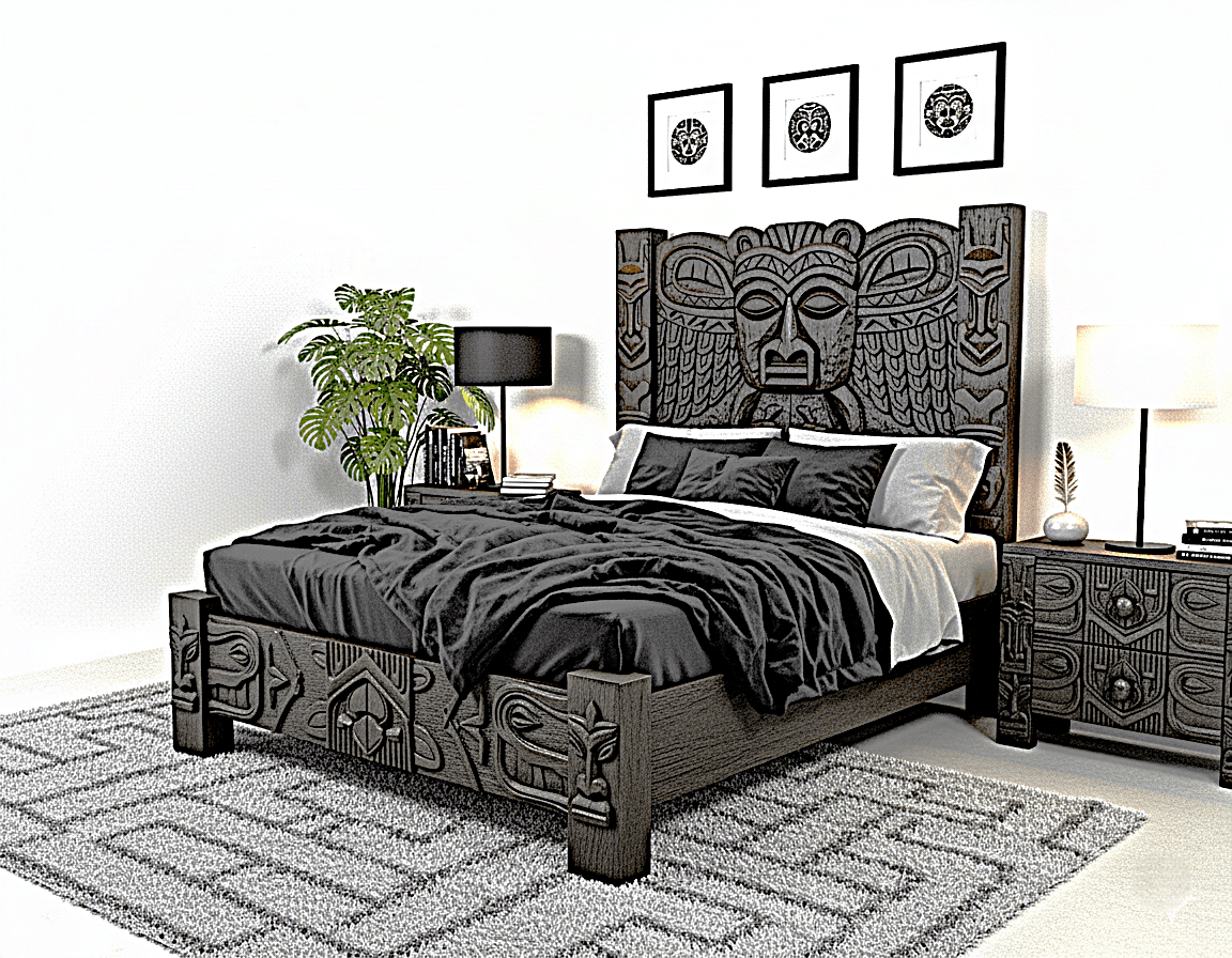 Ancestral Totem Hand - Carved Solid Wooden Gothic Platform Bed by Hibashi Furniture – handcrafted solid wood furniture made in India