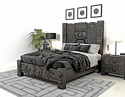 Ancestral Totem Hand - Carved Solid Wooden Gothic Platform Bed by Hibashi Furniture – handcrafted solid wood furniture made in India