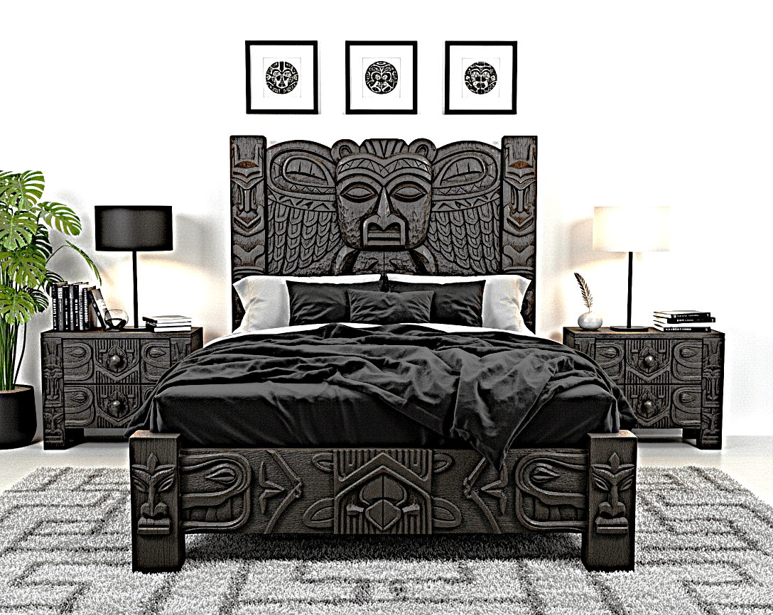 Ancestral Totem Hand - Carved Solid Wooden Gothic Platform Bed by Hibashi Furniture – handcrafted solid wood furniture made in India