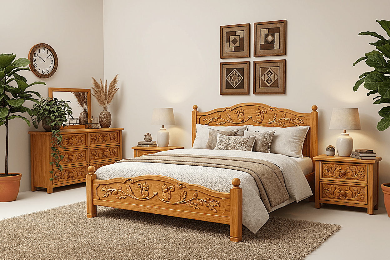 Anila™ Hand - Carved Solid Wood Platform Bed & Bedroom Collection – handcrafted solid wood furniture