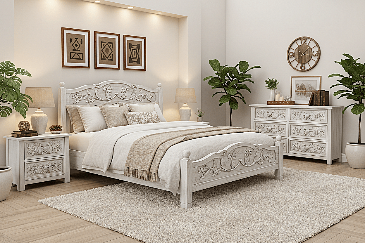 Anila™ Hand - Carved Solid Wood Platform Bed & Bedroom Collection – handcrafted solid wood furniture