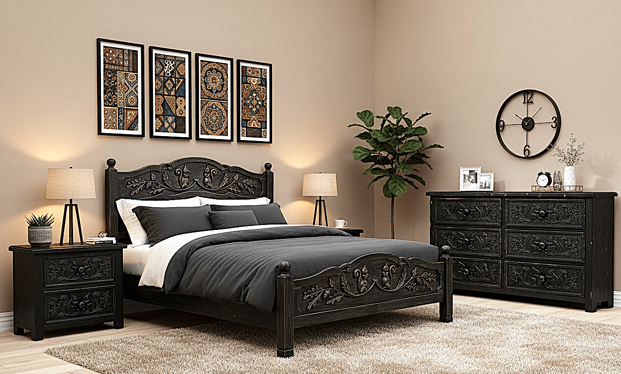 Anila™ Hand - Carved Solid Wood Platform Bed & Bedroom Collection – handcrafted solid wood furniture