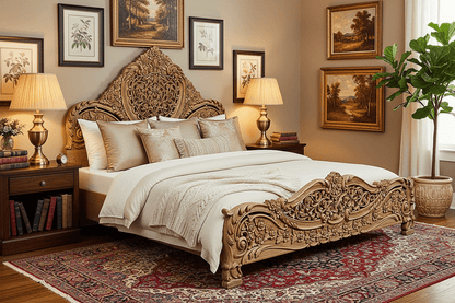 Arangi Hand - Carved Solid Wood Platform Bed – handcrafted solid wood furniture
