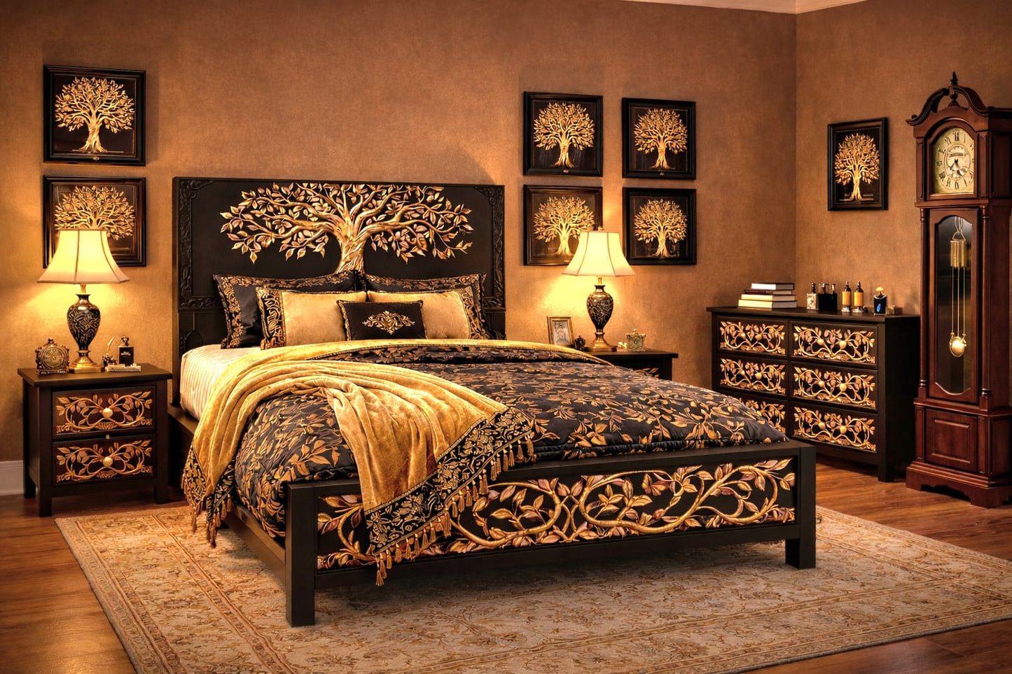 Arbor Vitae Royale™ Hand - Carved Tree of Life Solid Wood Platform Bed / Bed Collection – handcrafted solid wood furniture