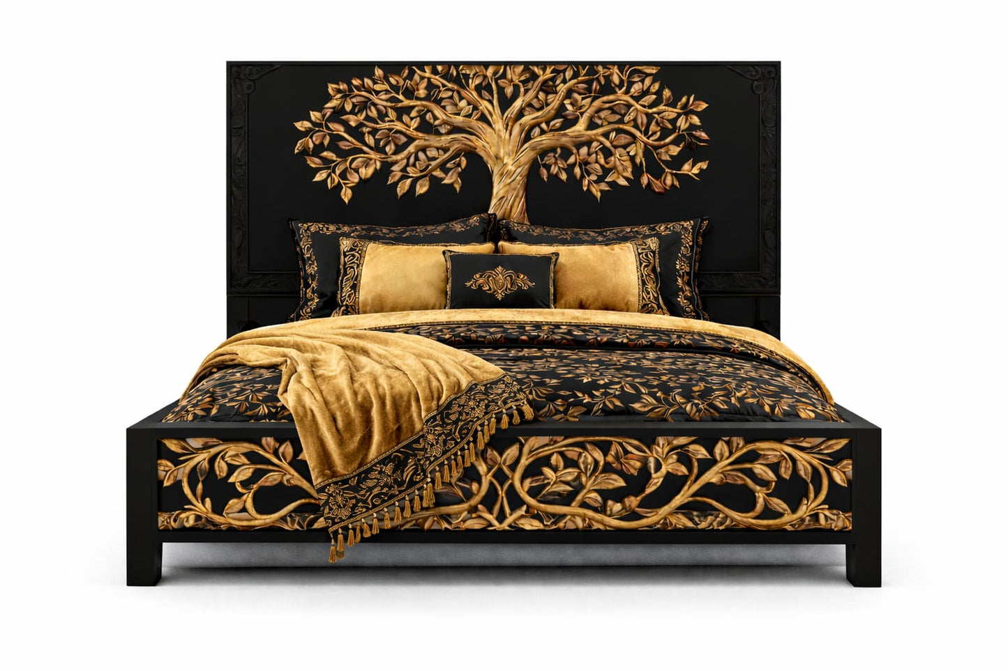 Arbor Vitae Royale™ Hand - Carved Tree of Life Solid Wood Platform Bed / Bed Collection – handcrafted solid wood furniture